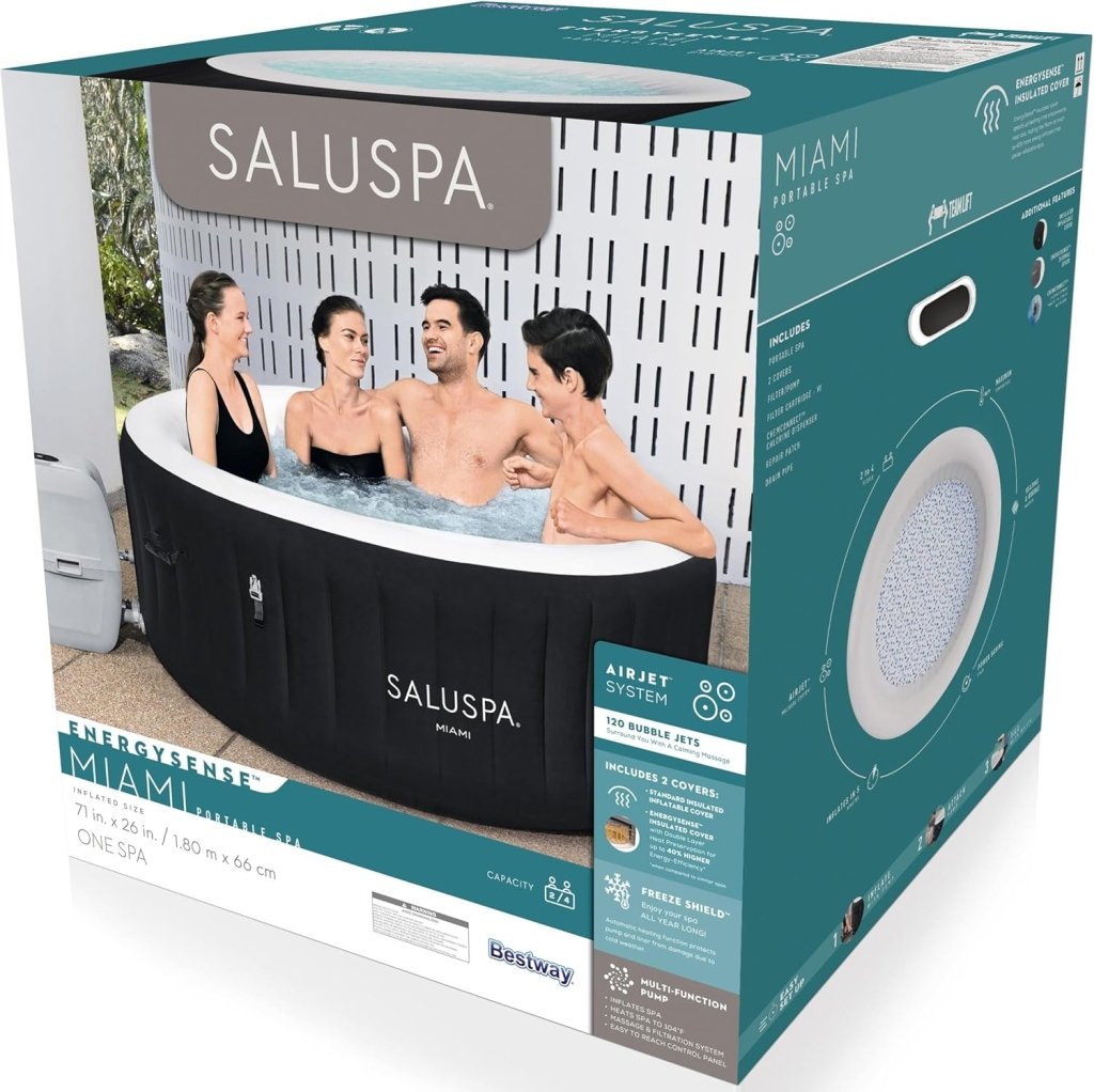 Bestway SaluSpa Miami EnergySense AirJet Inflatable Hot Tub Spa (71" x 26") | Portable Hot Tub with 2 Covers (1 Energy - Efficient Thermal Cover and 1 Standard Cover) | Fits Up to 2 - 4 Persons | Black - Wigtrends