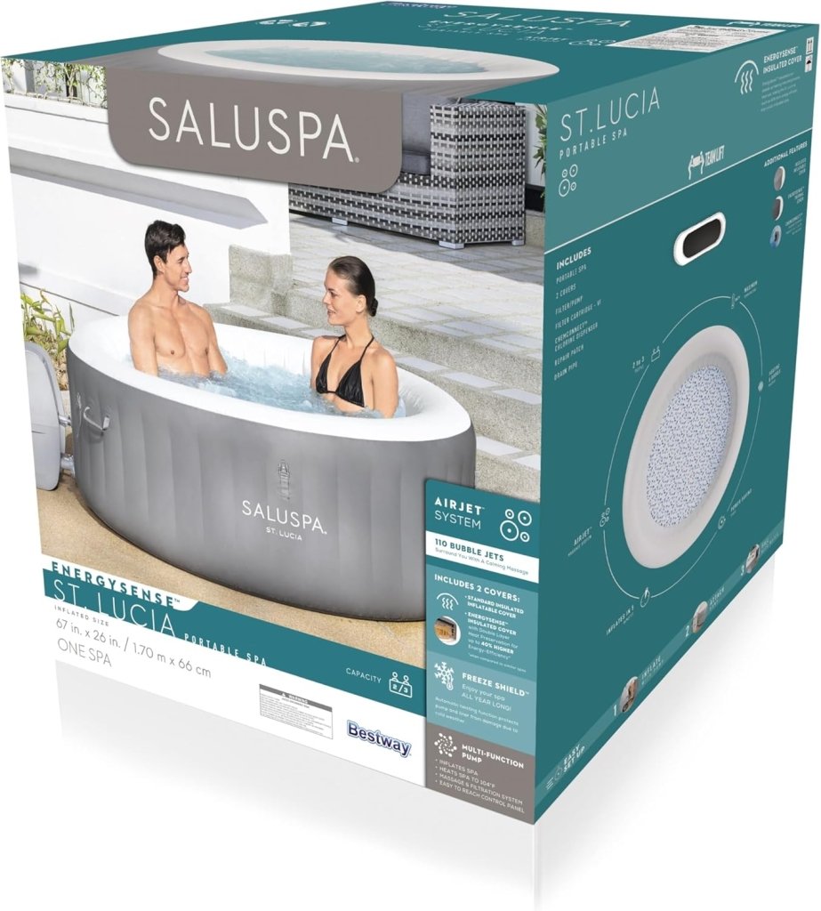 Bestway SaluSpa Miami EnergySense AirJet Inflatable Hot Tub Spa (71" x 26") | Portable Hot Tub with 2 Covers (1 Energy - Efficient Thermal Cover and 1 Standard Cover) | Fits Up to 2 - 4 Persons | Black - Wigtrends