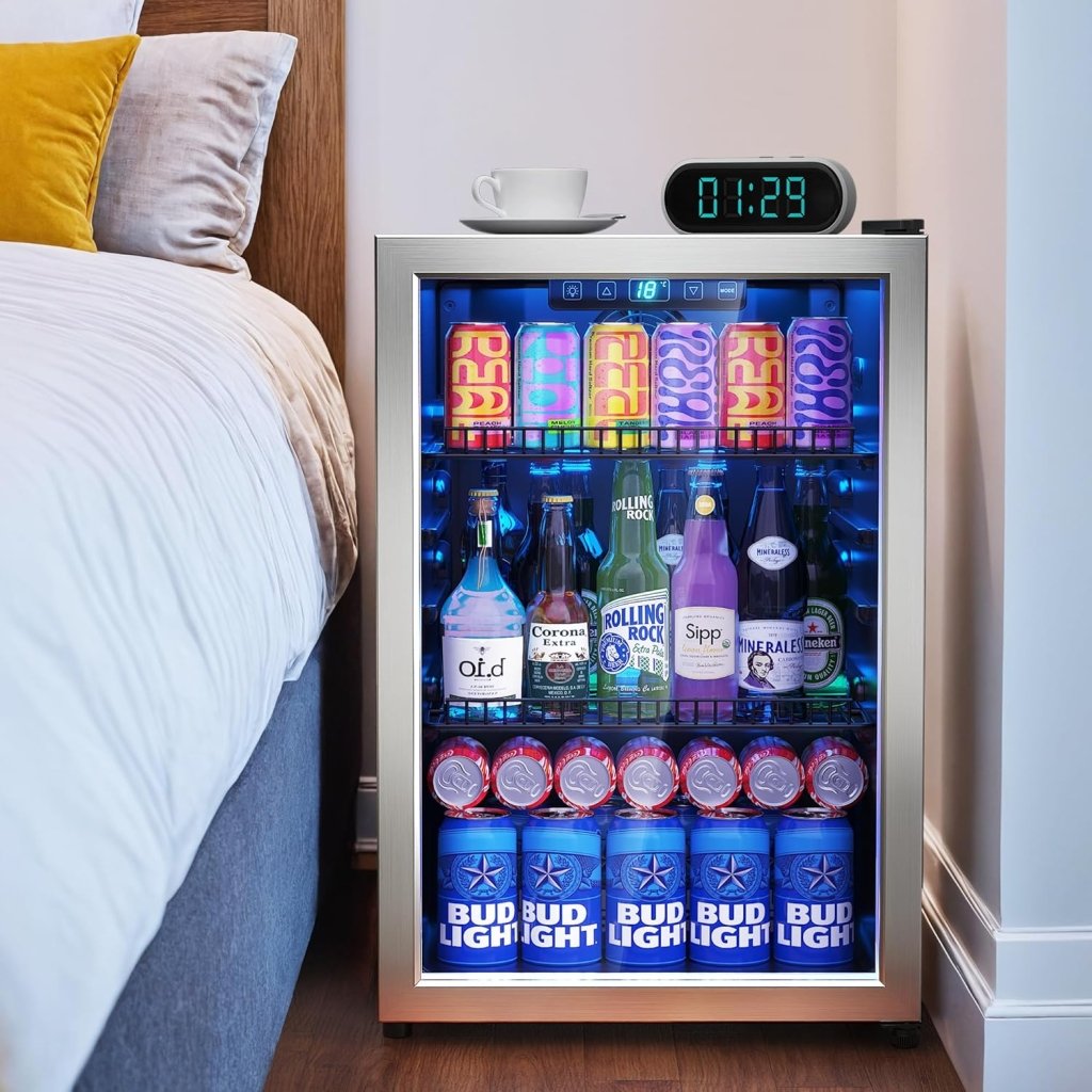 Beverage Refrigerator Cooler - 120 Cans Freestanding Mini Fridge Cooler with Glass Door, Adjustable Shelves & Digital Temperature Display for Soda, Wine or Beer (Black, 3.2 Cu.Ft) - Wigtrends
