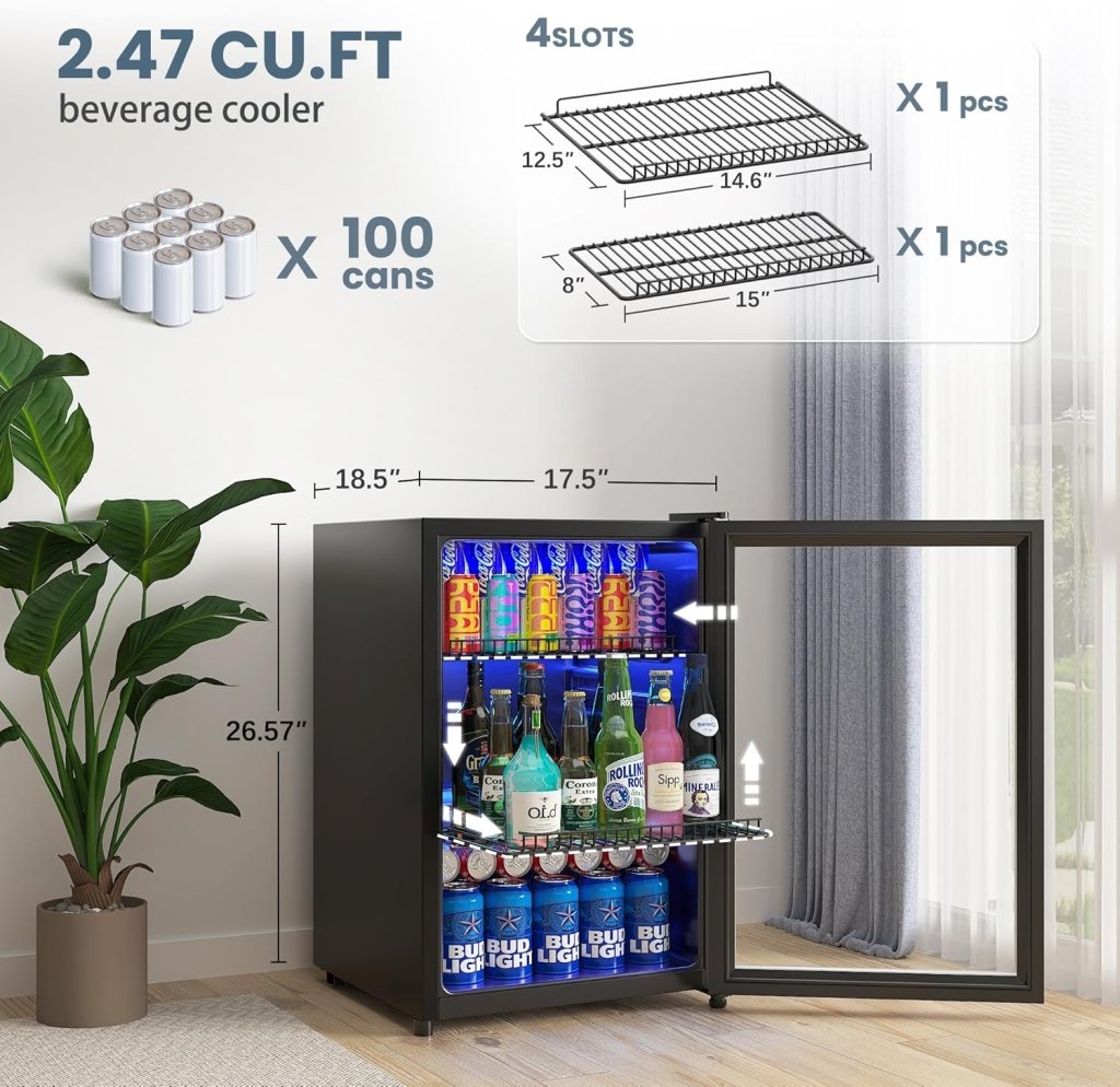 Beverage Refrigerator Cooler - 120 Cans Freestanding Mini Fridge Cooler with Glass Door, Adjustable Shelves & Digital Temperature Display for Soda, Wine or Beer (Black, 3.2 Cu.Ft) - Wigtrends