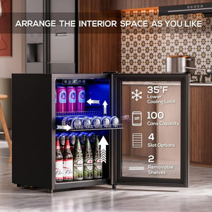 Beverage Refrigerator Cooler - 120 Cans Freestanding Mini Fridge Cooler with Glass Door, Adjustable Shelves & Digital Temperature Display for Soda, Wine or Beer (Black, 3.2 Cu.Ft) - Wigtrends