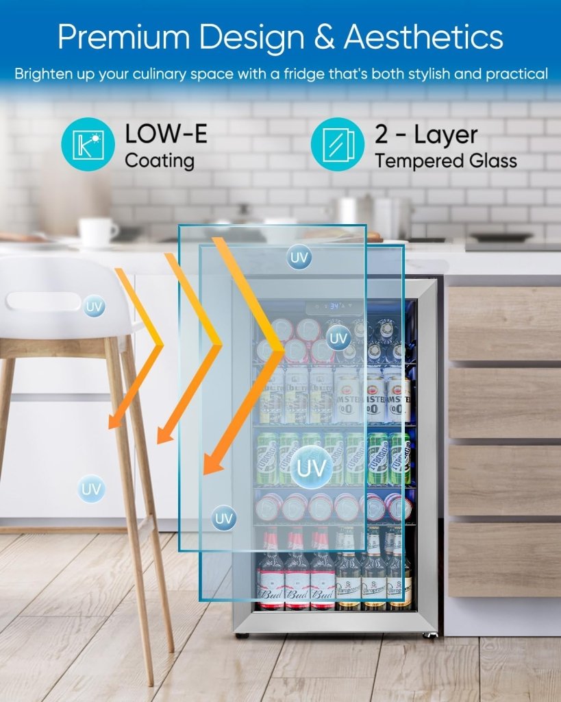 Beverage Refrigerator Cooler - 126 Can Mini Fridge Glass Door for Drinks Soda Beer Wine - Small Refrigerator for Office Bedroom Home Bar, 4 Adjustable Shelves, 3.2 Cu.Ft, Silver - Wigtrends