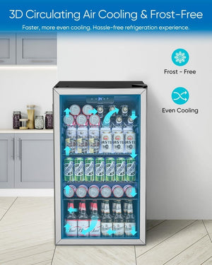 Beverage Refrigerator Cooler - 126 Can Mini Fridge Glass Door for Drinks Soda Beer Wine - Small Refrigerator for Office Bedroom Home Bar, 4 Adjustable Shelves, 3.2 Cu.Ft, Silver - Wigtrends