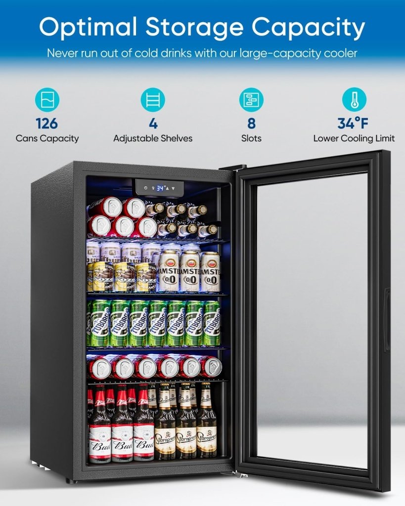 Beverage Refrigerator Cooler - 126 Can Mini Fridge Glass Door for Drinks Soda Beer Wine - Small Refrigerator for Office Bedroom Home Bar, 4 Adjustable Shelves, 3.2 Cu.Ft, Silver - Wigtrends
