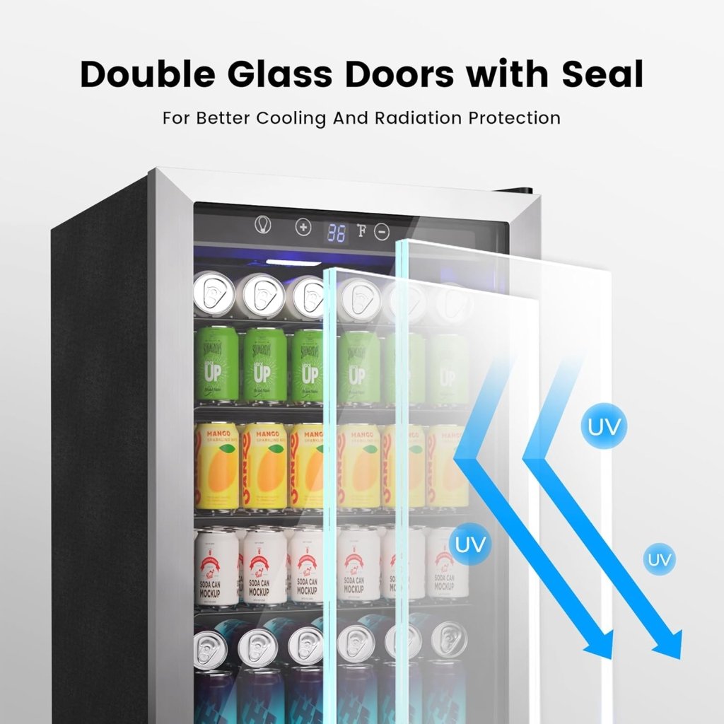 Beverage Refrigerator Cooler - 126 Can Mini Fridge Glass Door for Drinks Soda Beer Wine - Small Refrigerator for Office Bedroom Home Bar, 4 Adjustable Shelves, 3.2 Cu.Ft, Silver - Wigtrends