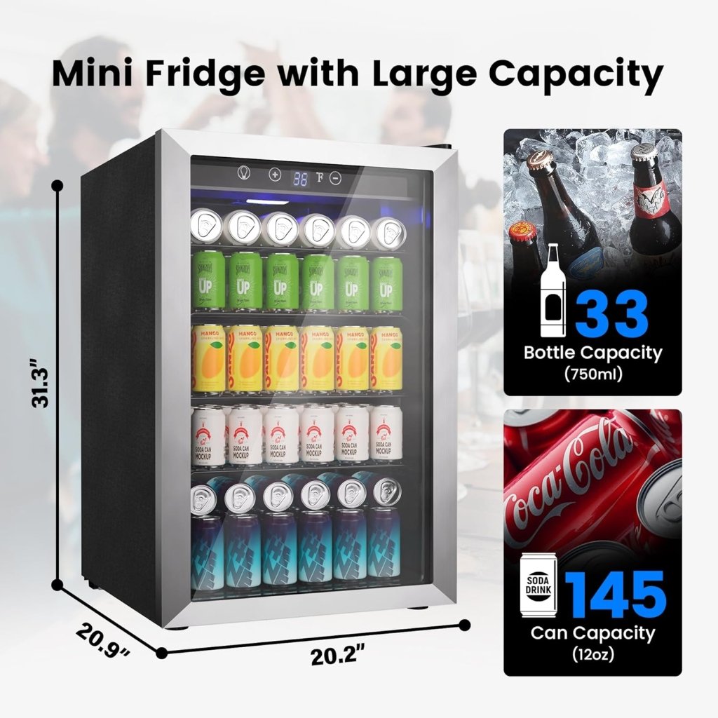 Beverage Refrigerator Cooler - 126 Can Mini Fridge Glass Door for Drinks Soda Beer Wine - Small Refrigerator for Office Bedroom Home Bar, 4 Adjustable Shelves, 3.2 Cu.Ft, Silver - Wigtrends