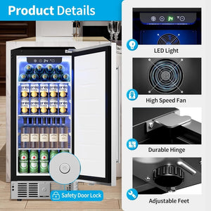 Beverage Refrigerator Cooler - 126 Can Mini Fridge Glass Door for Drinks Soda Beer Wine - Small Refrigerator for Office Bedroom Home Bar, 4 Adjustable Shelves, 3.2 Cu.Ft, Silver - Wigtrends