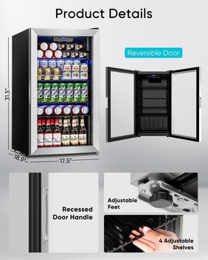 Beverage Refrigerator Cooler - 126 Can Mini Fridge Glass Door for Drinks Soda Beer Wine - Small Refrigerator for Office Bedroom Home Bar, 4 Adjustable Shelves, 3.2 Cu.Ft, Silver - Wigtrends