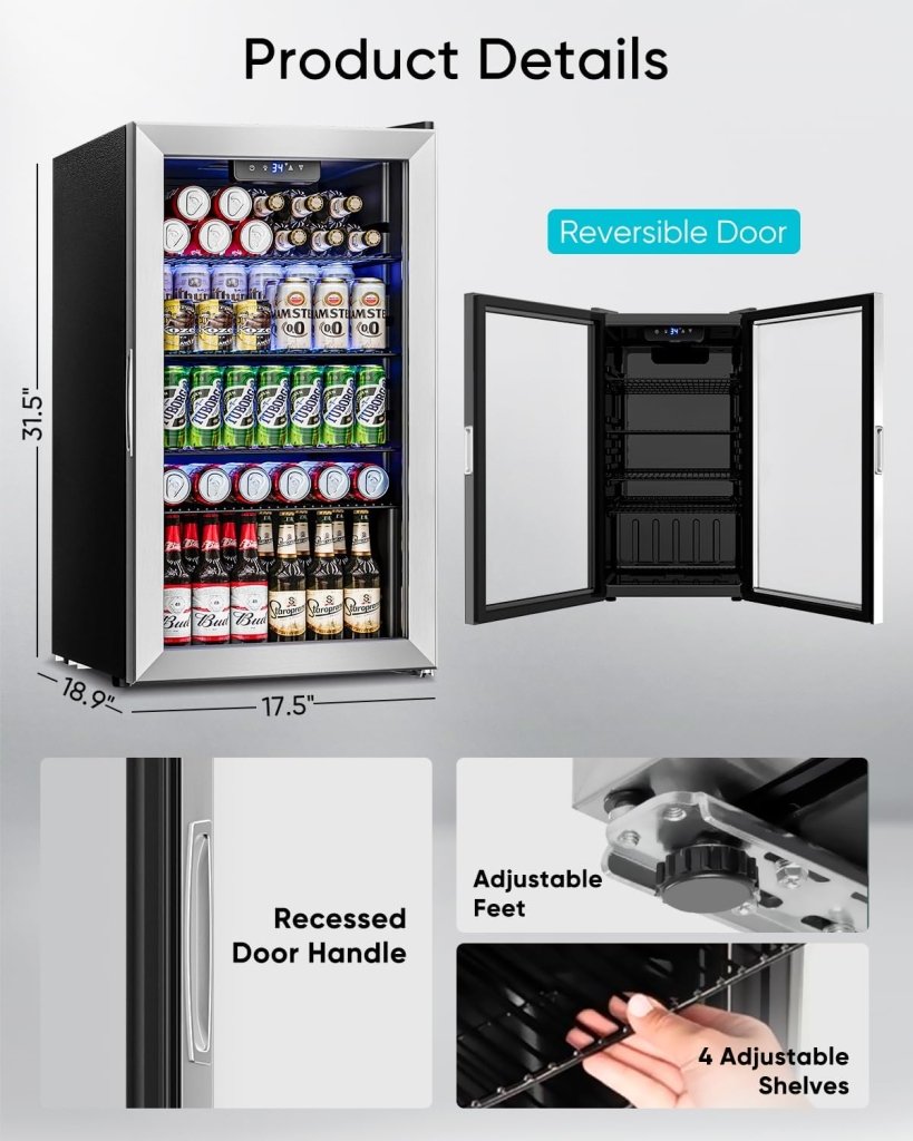 Beverage Refrigerator Cooler - 126 Can Mini Fridge Glass Door for Drinks Soda Beer Wine - Small Refrigerator for Office Bedroom Home Bar, 4 Adjustable Shelves, 3.2 Cu.Ft, Silver - Wigtrends