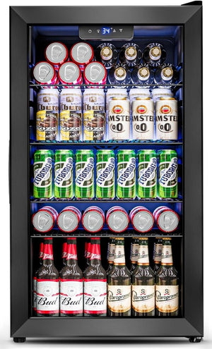 Beverage Refrigerator Cooler - 126 Can Mini Fridge Glass Door for Drinks Soda Beer Wine - Small Refrigerator for Office Bedroom Home Bar, 4 Adjustable Shelves, 3.2 Cu.Ft, Silver - Wigtrends