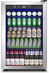 Beverage Refrigerator Cooler - 126 Can Mini Fridge Glass Door for Drinks Soda Beer Wine - Small Refrigerator for Office Bedroom Home Bar, 4 Adjustable Shelves, 3.2 Cu.Ft, Silver - Wigtrends