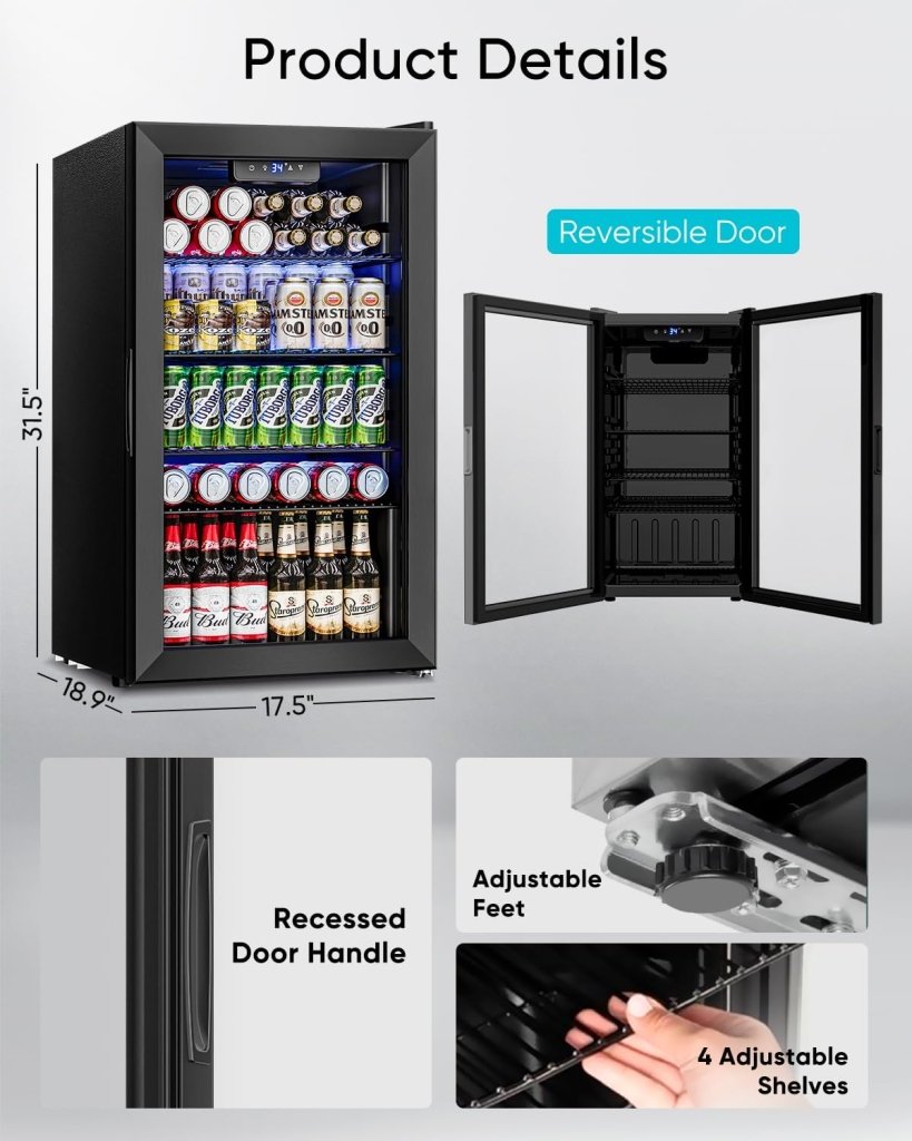 Beverage Refrigerator Cooler - 126 Can Mini Fridge Glass Door for Drinks Soda Beer Wine - Small Refrigerator for Office Bedroom Home Bar, 4 Adjustable Shelves, 3.2 Cu.Ft, Silver - Wigtrends