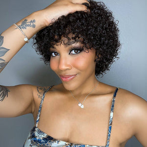 Black Short Curly Pixie Cut Glueless Wig With Bangs - Wigtrends