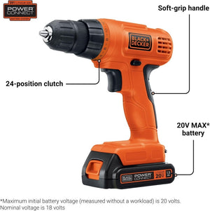 BLACK+DECKER 20V MAX POWERCONNECT Power Drill Cordless Drill Driver Electric Screwdriver with 30 Piece Bit Set and Drivers Kit, Battery and Charger Included (LD120VA) - Wigtrends
