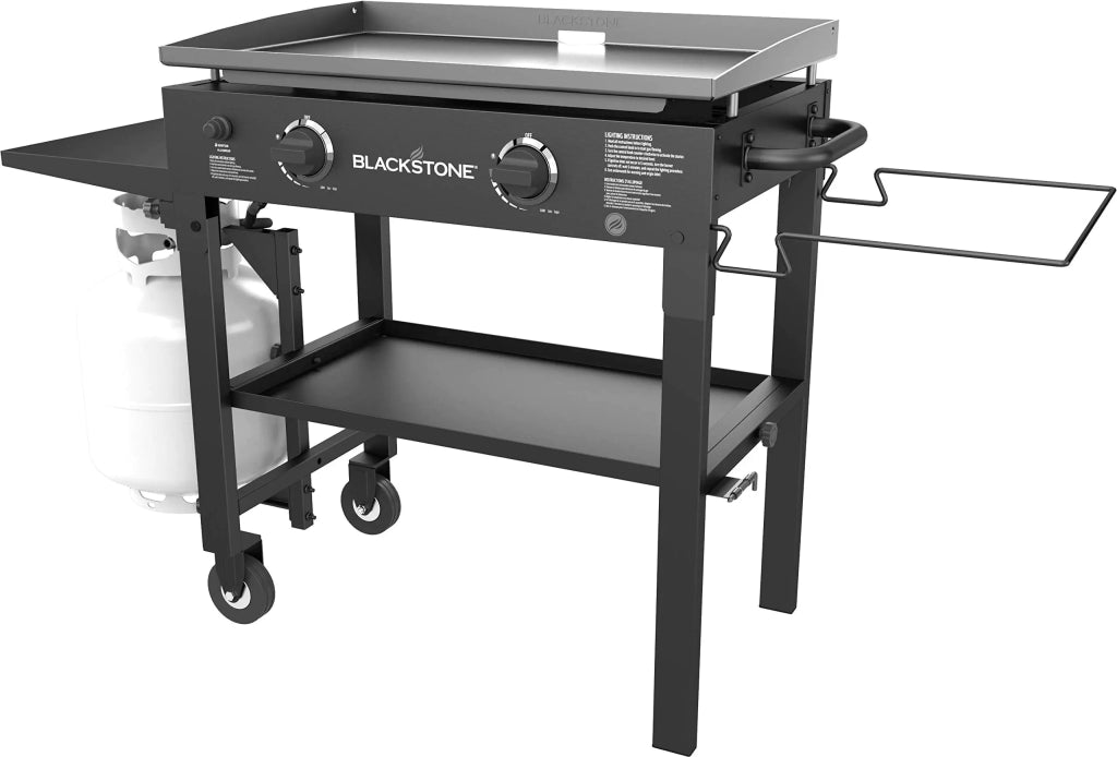 Blackstone 1853 Flat Top Gas Grill 2 Burner Propane Fuelled Rear Grease Management System 28” Outdoor Griddle Station for Camping with Built in Cutting Board and Garbage Holder, 28 Inch, Black - Wigtrends