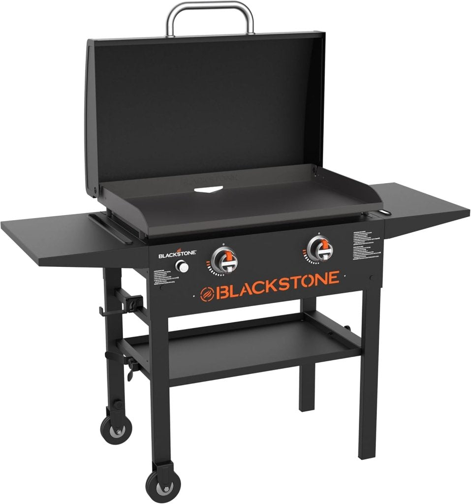 Blackstone 1883 Original 28” Griddle with Integrated Protective Hood and Counter Height Side Shelves, Powder Coated Steel, Black - Wigtrends