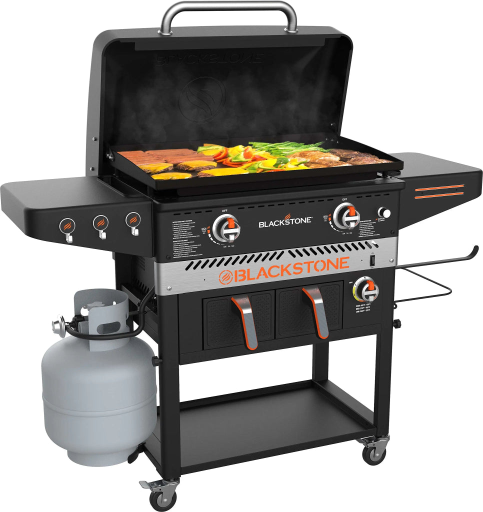 Blackstone 1962 Air Fryer Combo & Two Burners Stainless Steel Gas Hood, Wheels, Two Side Shelf – Heavy Duty Outdoor Griddle Station for Backyard, Patio, 28 inch Black - Wigtrends