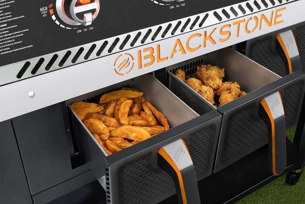 Blackstone 1962 Air Fryer Combo & Two Burners Stainless Steel Gas Hood, Wheels, Two Side Shelf – Heavy Duty Outdoor Griddle Station for Backyard, Patio, 28 inch Black - Wigtrends