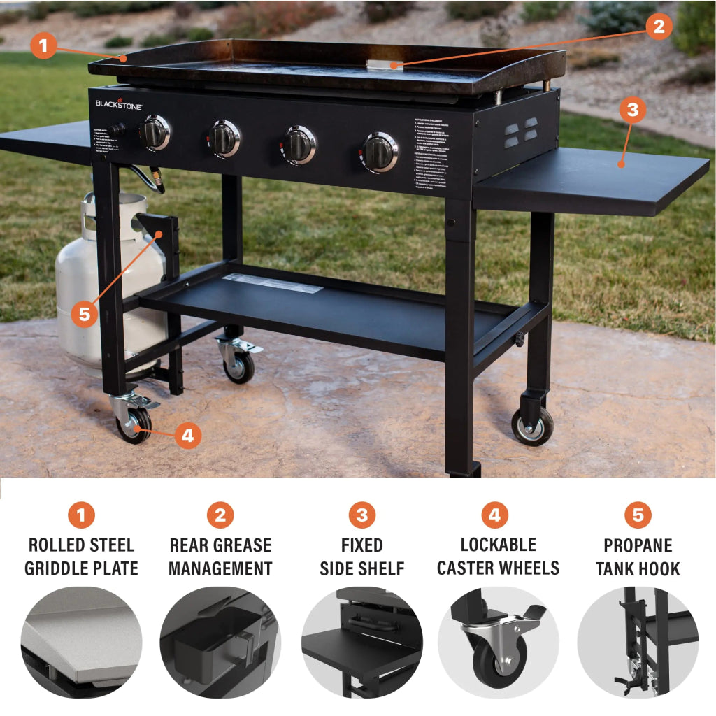 Blackstone 36 Inch Gas Griddle Cooking Station 4 Burner Flat Top Gas Grill Propane Fuelled Restaurant Grade Professional 36” Outdoor Griddle Station with Side Shelf (1554) - Wigtrends
