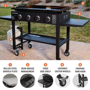 Blackstone 36 Inch Gas Griddle Cooking Station 4 Burner Flat Top Gas Grill Propane Fuelled Restaurant Grade Professional 36” Outdoor Griddle Station with Side Shelf (1554) - Wigtrends