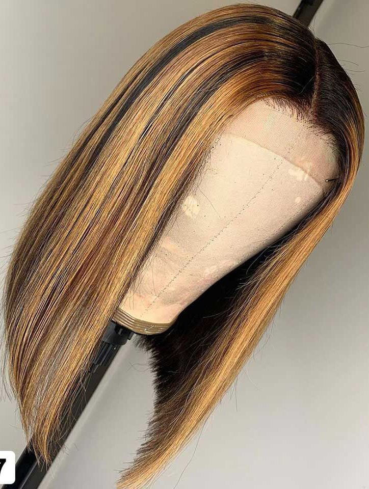 Blonde Transparent Lace Frontal Straight Human Hair Bob Wig with Highlights - Wigtrends