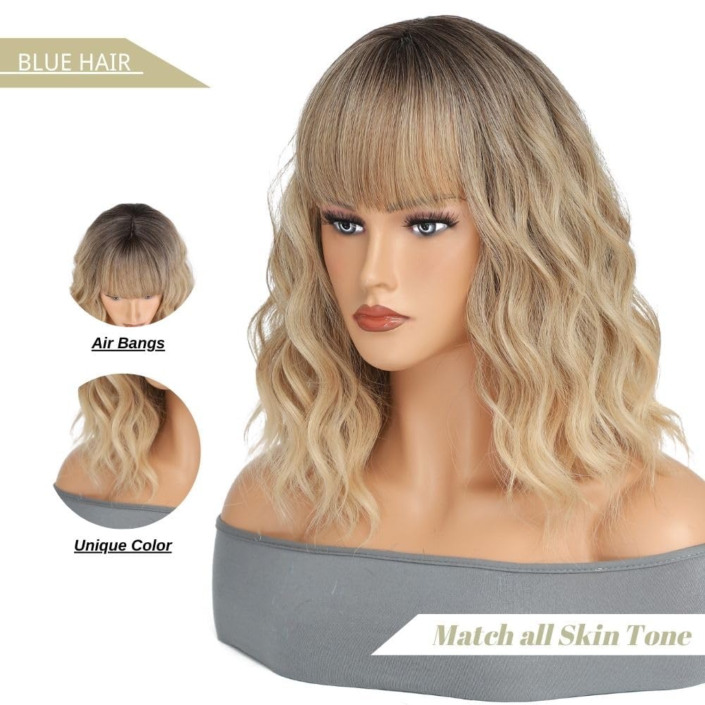 Blonde Wig with Bangs Short Bob Wavy Wig Loose Curly Shoulder Length human hair lace wigs - Wigtrends