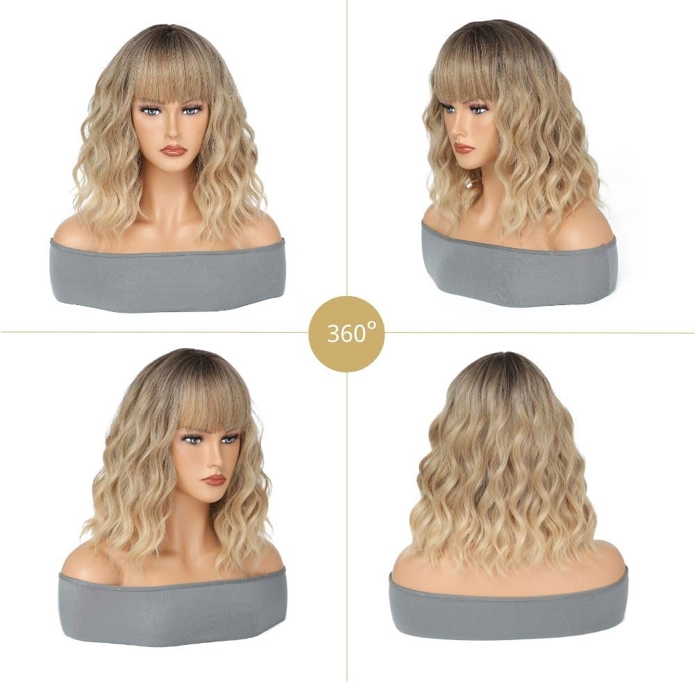 Blonde Wig with Bangs Short Bob Wavy Wig Loose Curly Shoulder Length human hair lace wigs - Wigtrends