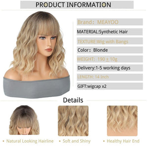 Blonde Wig with Bangs Short Bob Wavy Wig Loose Curly Shoulder Length human hair lace wigs - Wigtrends