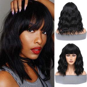 Blonde Wig with Bangs Short Bob Wavy Wig Loose Curly Shoulder Length human hair lace wigs - Wigtrends