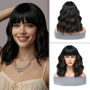 Blonde Wig with Bangs Short Bob Wavy Wig Loose Curly Shoulder Length human hair lace wigs - Wigtrends