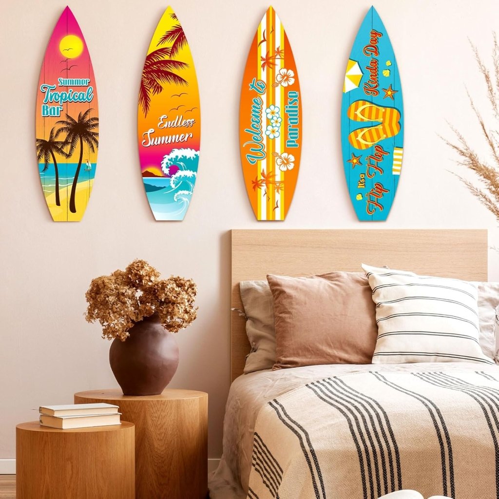Blulu 4 Pcs Surfboard Wall Decor Surfboard Wall Hanging Sign Wooden Beach Decoration Summer Theme Decor Hawaiian Luau Party Decoration for Home Bar Aloha Tropical Birthday Party(Tiki) - Wigtrends