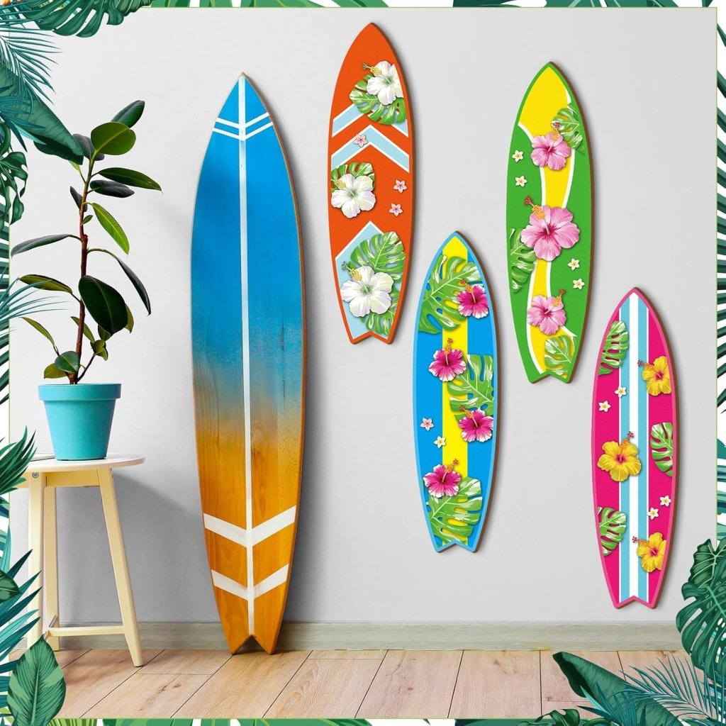 Blulu 4 Pcs Surfboard Wall Decor Surfboard Wall Hanging Sign Wooden Beach Decoration Summer Theme Decor Hawaiian Luau Party Decoration for Home Bar Aloha Tropical Birthday Party(Tiki) - Wigtrends