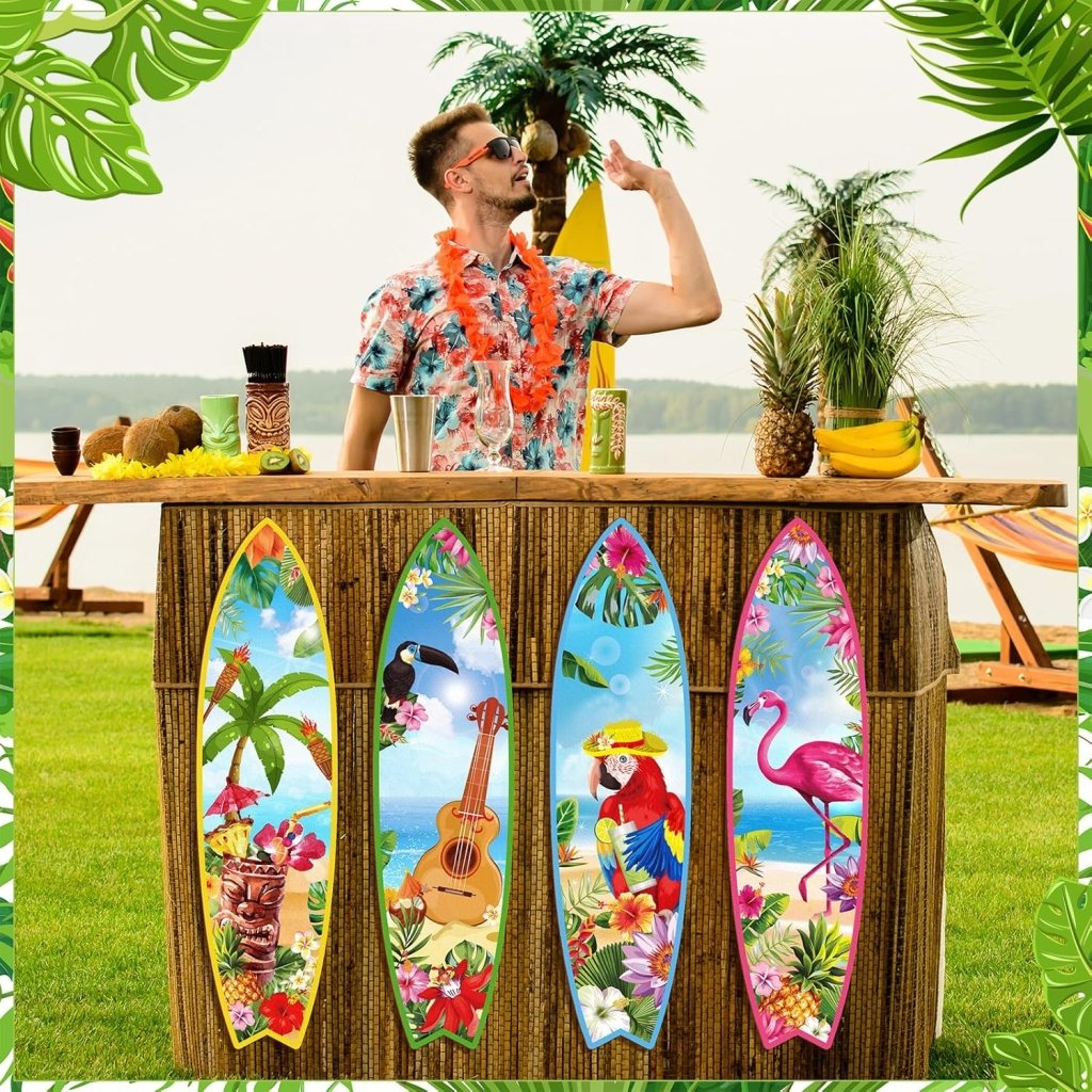 Blulu 4 Pcs Surfboard Wall Decor Surfboard Wall Hanging Sign Wooden Beach Decoration Summer Theme Decor Hawaiian Luau Party Decoration for Home Bar Aloha Tropical Birthday Party(Tiki) - Wigtrends