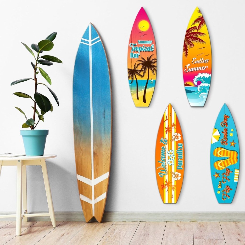 Blulu 4 Pcs Surfboard Wall Decor Surfboard Wall Hanging Sign Wooden Beach Decoration Summer Theme Decor Hawaiian Luau Party Decoration for Home Bar Aloha Tropical Birthday Party(Tiki) - Wigtrends