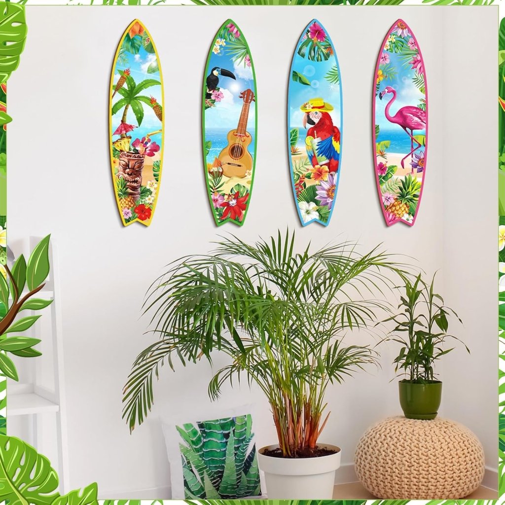 Blulu 4 Pcs Surfboard Wall Decor Surfboard Wall Hanging Sign Wooden Beach Decoration Summer Theme Decor Hawaiian Luau Party Decoration for Home Bar Aloha Tropical Birthday Party(Tiki) - Wigtrends