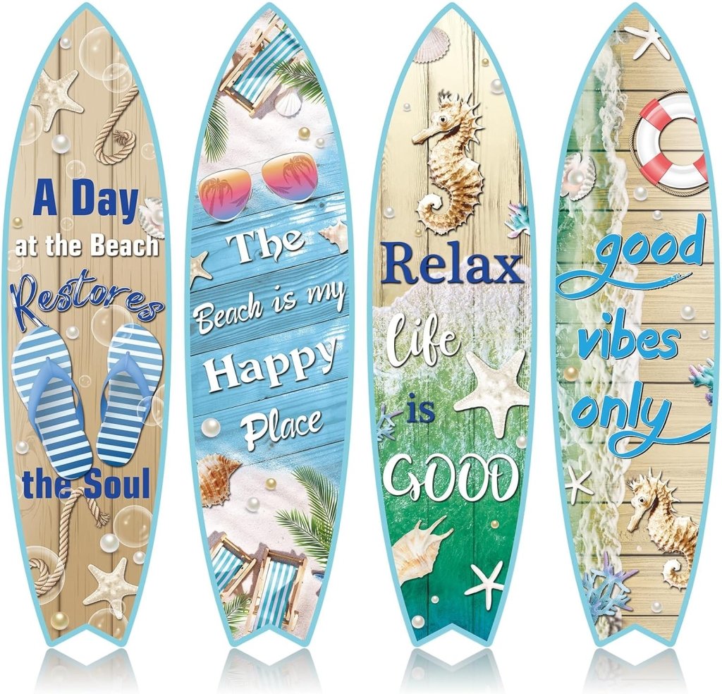 Blulu 4 Pcs Surfboard Wall Decor Surfboard Wall Hanging Sign Wooden Beach Decoration Summer Theme Decor Hawaiian Luau Party Decoration for Home Bar Aloha Tropical Birthday Party(Tiki) - Wigtrends