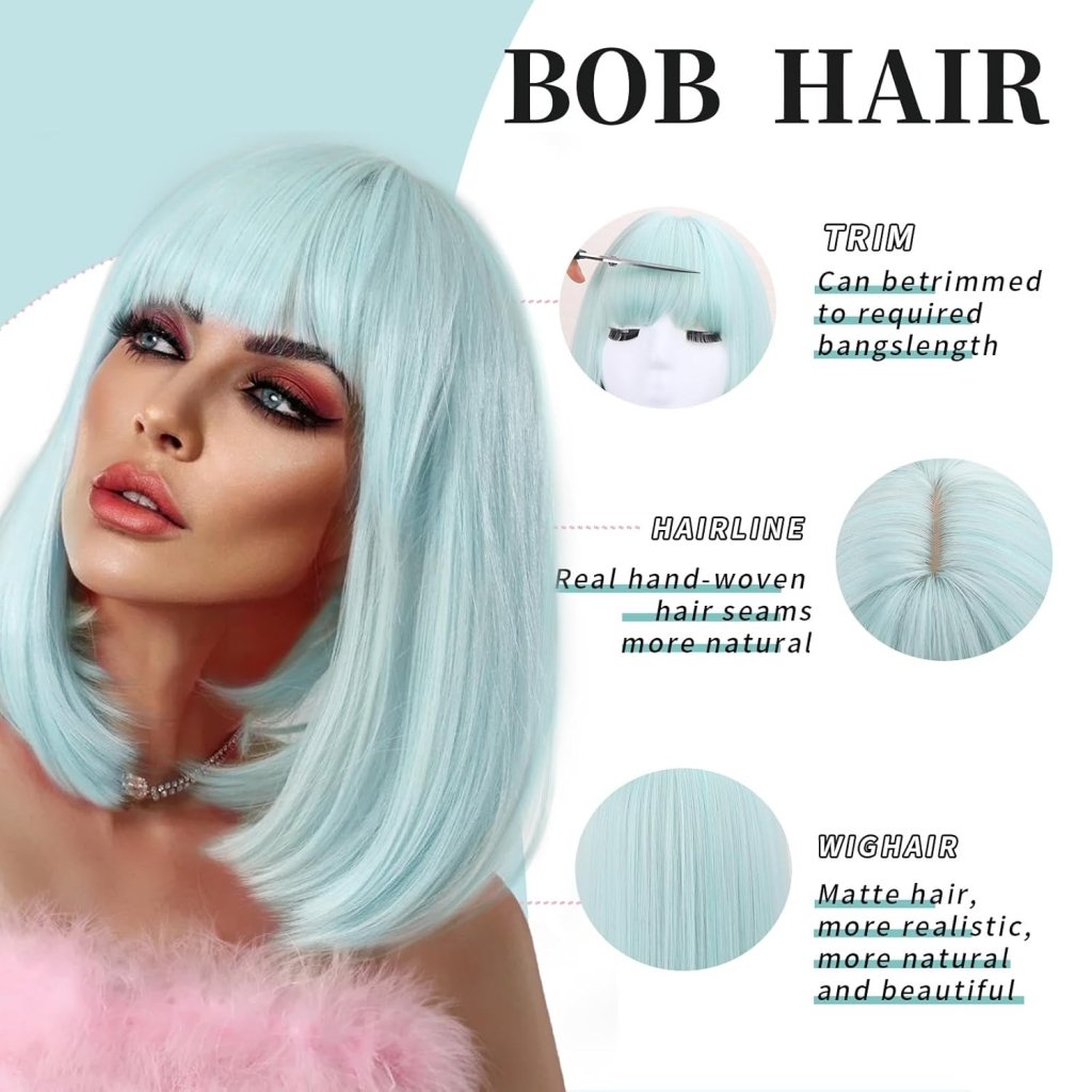 Bob Wig with Bangs Short Straight Wigs for Women Silver White Bob Hair Wig（12Inch） - Wigtrends