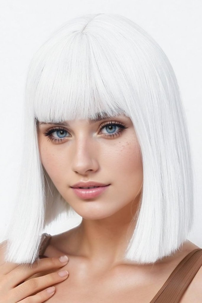 Bob Wig with Bangs Short Straight Wigs for Women Silver White Bob Hair Wig（12Inch） - Wigtrends