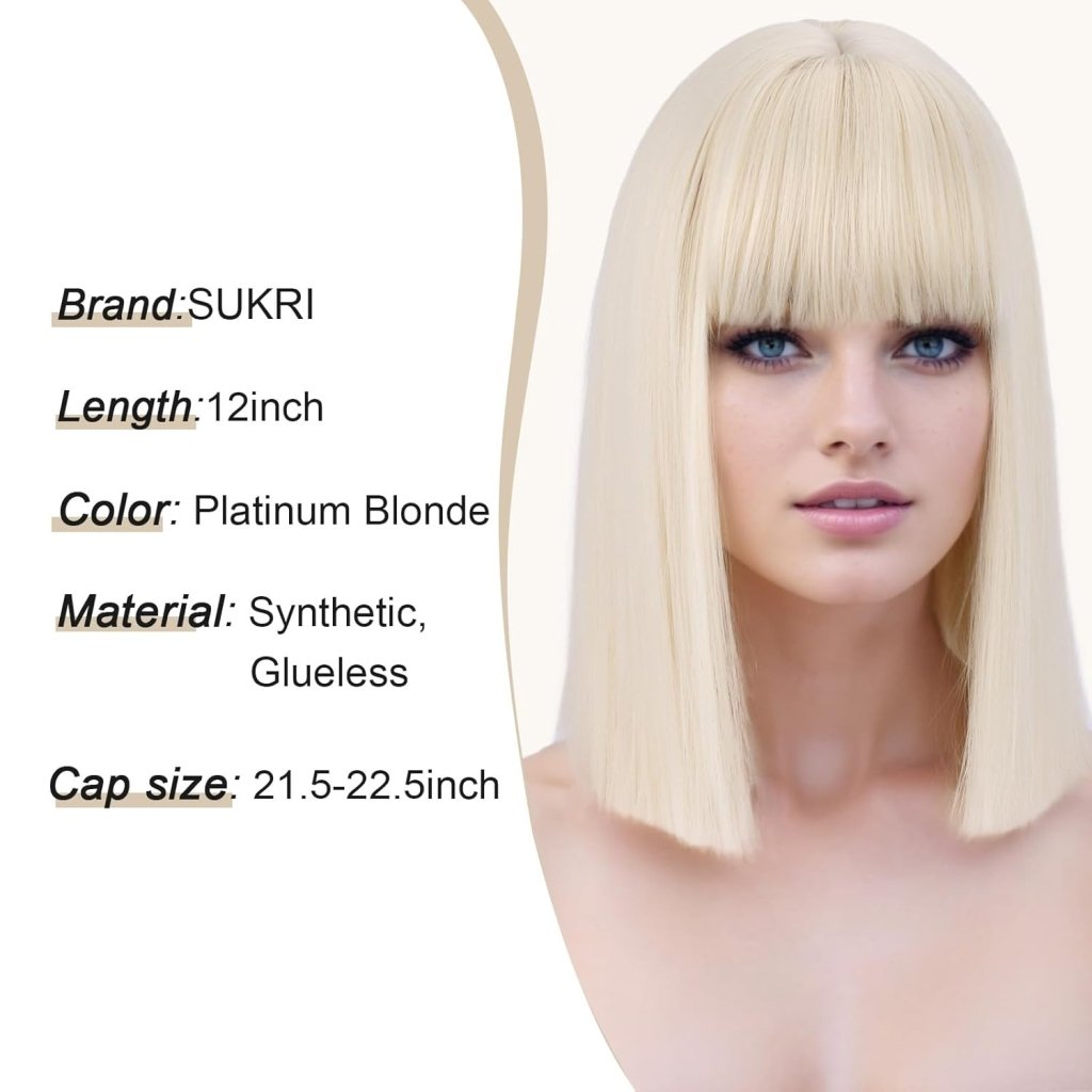 Bob Wig with Bangs Short Straight Wigs for Women Silver White Bob Hair Wig（12Inch） - Wigtrends