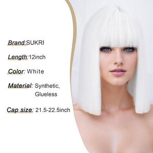 Bob Wig with Bangs Short Straight Wigs for Women Silver White Bob Hair Wig（12Inch） - Wigtrends