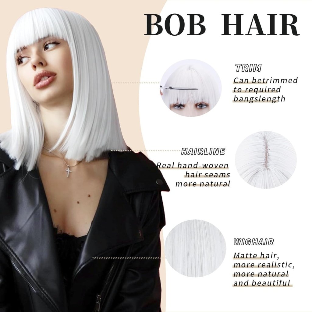 Bob Wig with Bangs Short Straight Wigs for Women Silver White Bob Hair Wig（12Inch） - Wigtrends