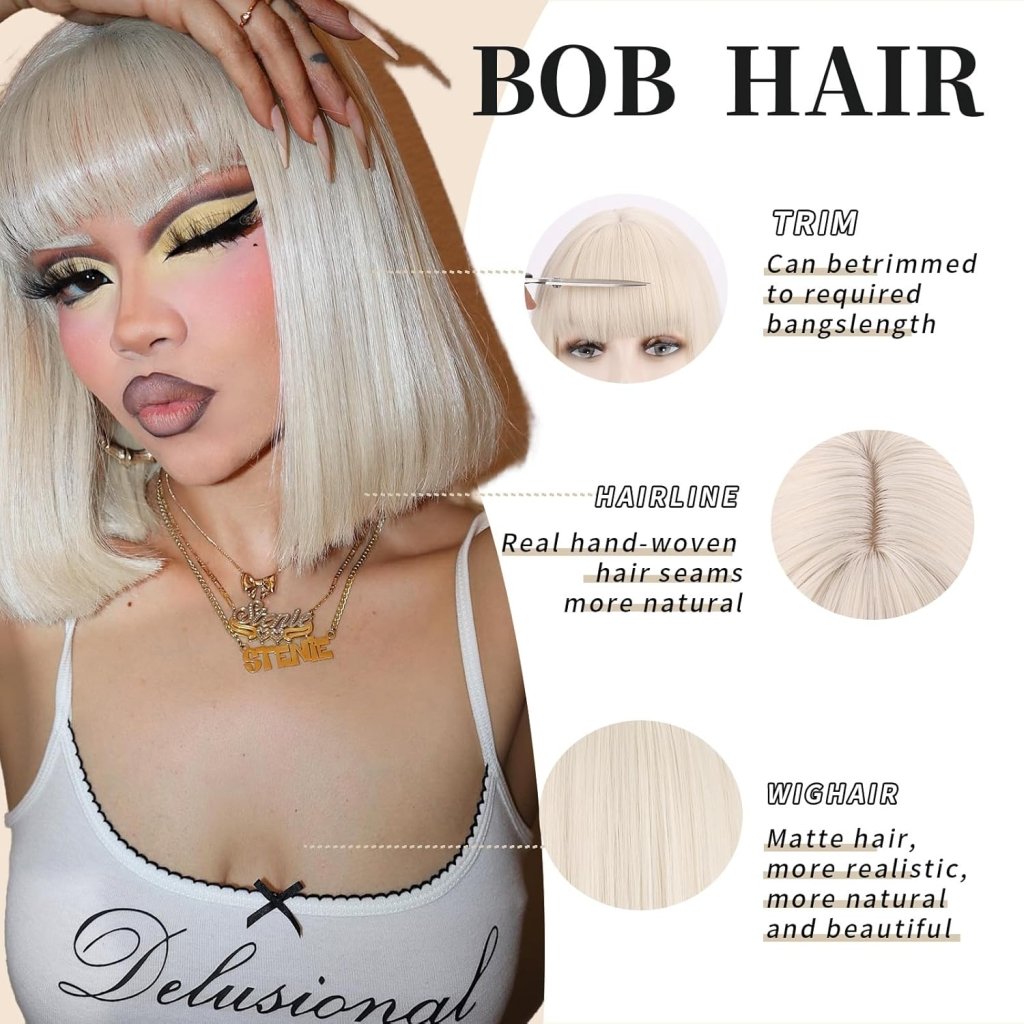 Bob Wig with Bangs Short Straight Wigs for Women Silver White Bob Hair Wig（12Inch） - Wigtrends