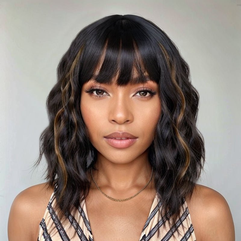 Bob Wigs With Bangs Black Mixed Brown Short Wavy Wig - Wigtrends