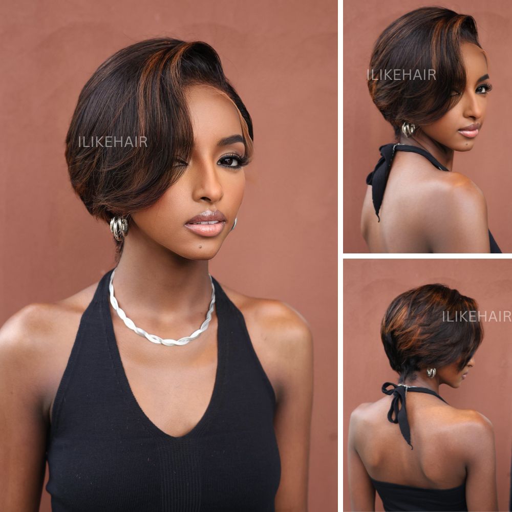 Boss Lady Brown Highlights Layered Pixie Cuts 13x4 Lace Front Wig - Wigtrends