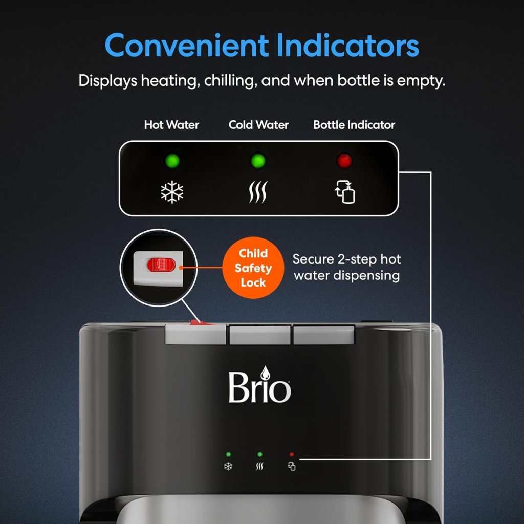 Bottom Loading Water Cooler Dispenser for 5 Gallon Bottles - 3 Temperatures with Hot, Room & Cold Spouts, Child Safety Lock, LED Display with Empty Bottle Alert, Stainless Steel - Wigtrends