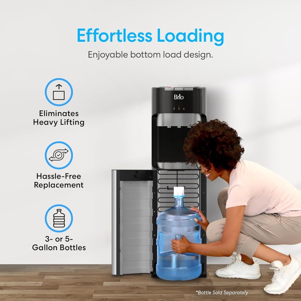 Bottom Loading Water Cooler Dispenser for 5 Gallon Bottles - 3 Temperatures with Hot, Room & Cold Spouts, Child Safety Lock, LED Display with Empty Bottle Alert, Stainless Steel - Wigtrends
