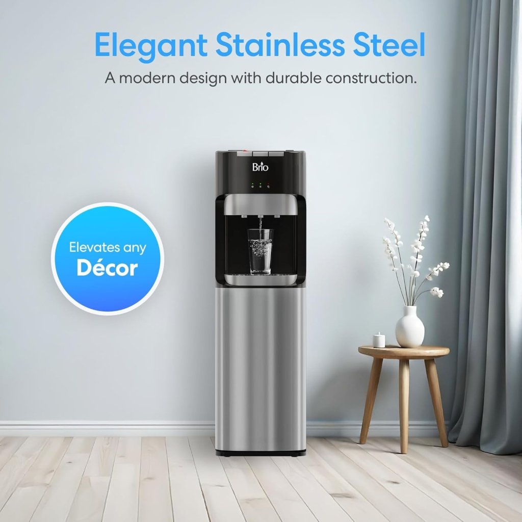 Bottom Loading Water Cooler Dispenser for 5 Gallon Bottles - 3 Temperatures with Hot, Room & Cold Spouts, Child Safety Lock, LED Display with Empty Bottle Alert, Stainless Steel - Wigtrends