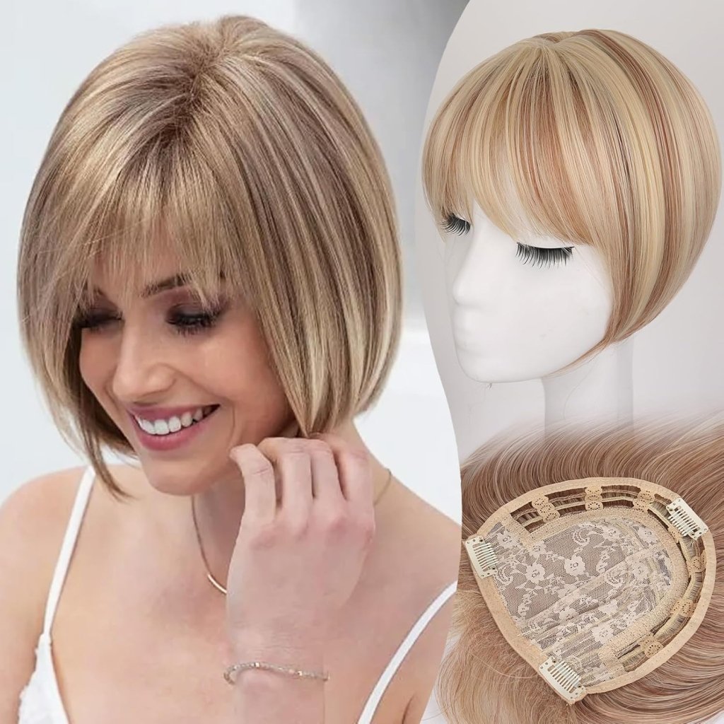 Brown Hair Topper for Women Short Bob Wigs Hair Piece with Bangs Side Part Wig Toppers for Thinning Hair Short Straight Bob Hair Topper - Wigtrends