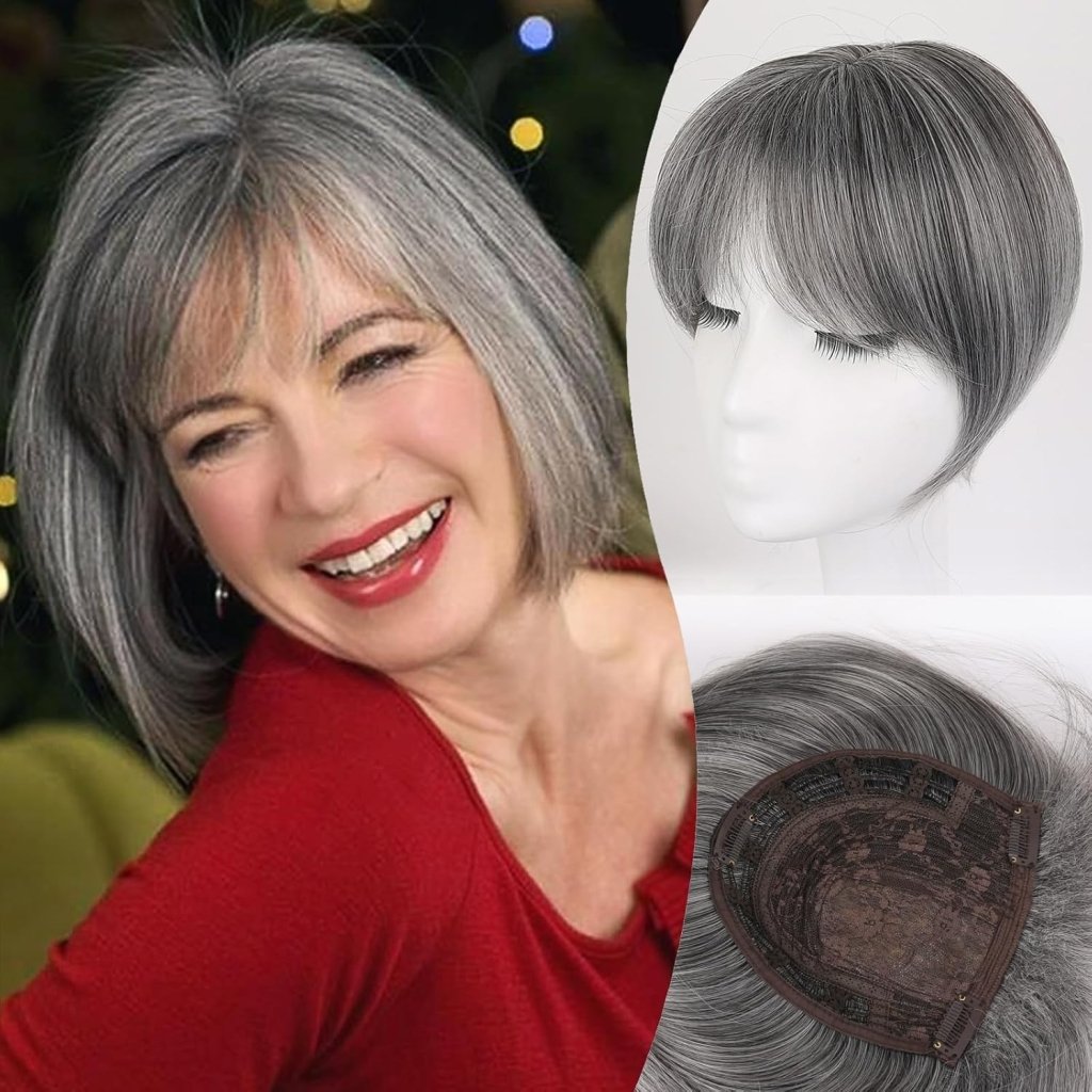 Brown Hair Topper for Women Short Bob Wigs Hair Piece with Bangs Side Part Wig Toppers for Thinning Hair Short Straight Bob Hair Topper - Wigtrends