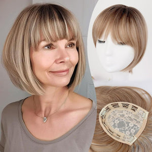 Brown Hair Topper for Women Short Bob Wigs Hair Piece with Bangs Side Part Wig Toppers for Thinning Hair Short Straight Bob Hair Topper - Wigtrends